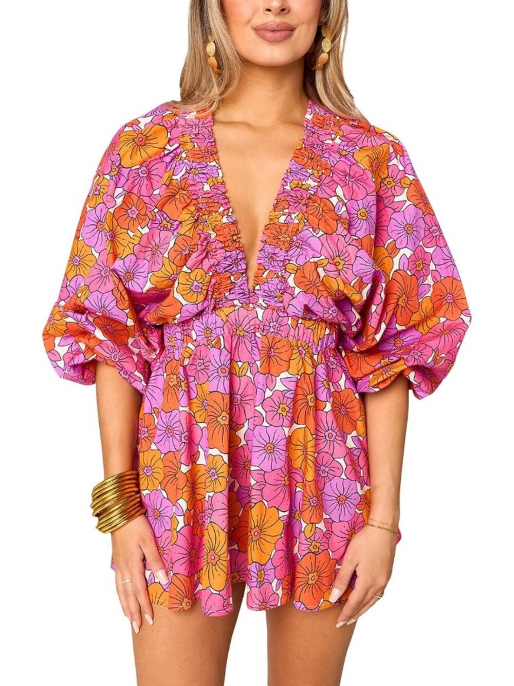 Women's Floral Long Puff Sleeve Summer Deep V Neck Flowy Tropical Romper